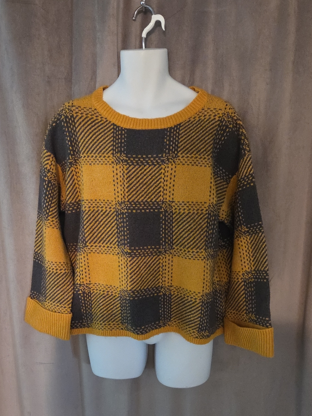 a.n.a PXL Mustard and Charcoal Plaid Crewneck Sweater